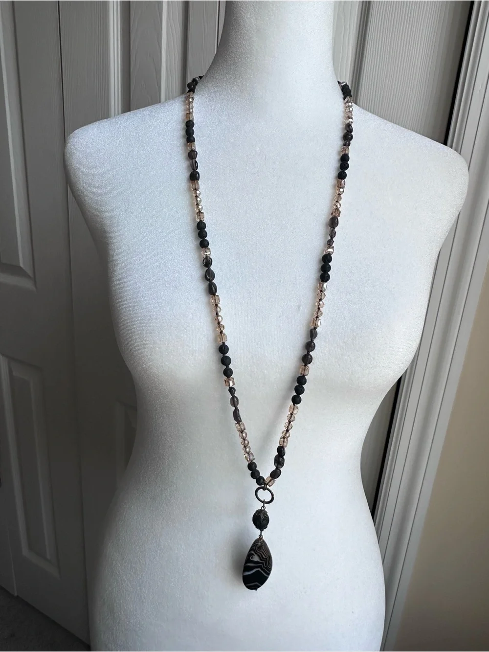 Handcrafted Black and Champagne Beaded Pendant Necklace